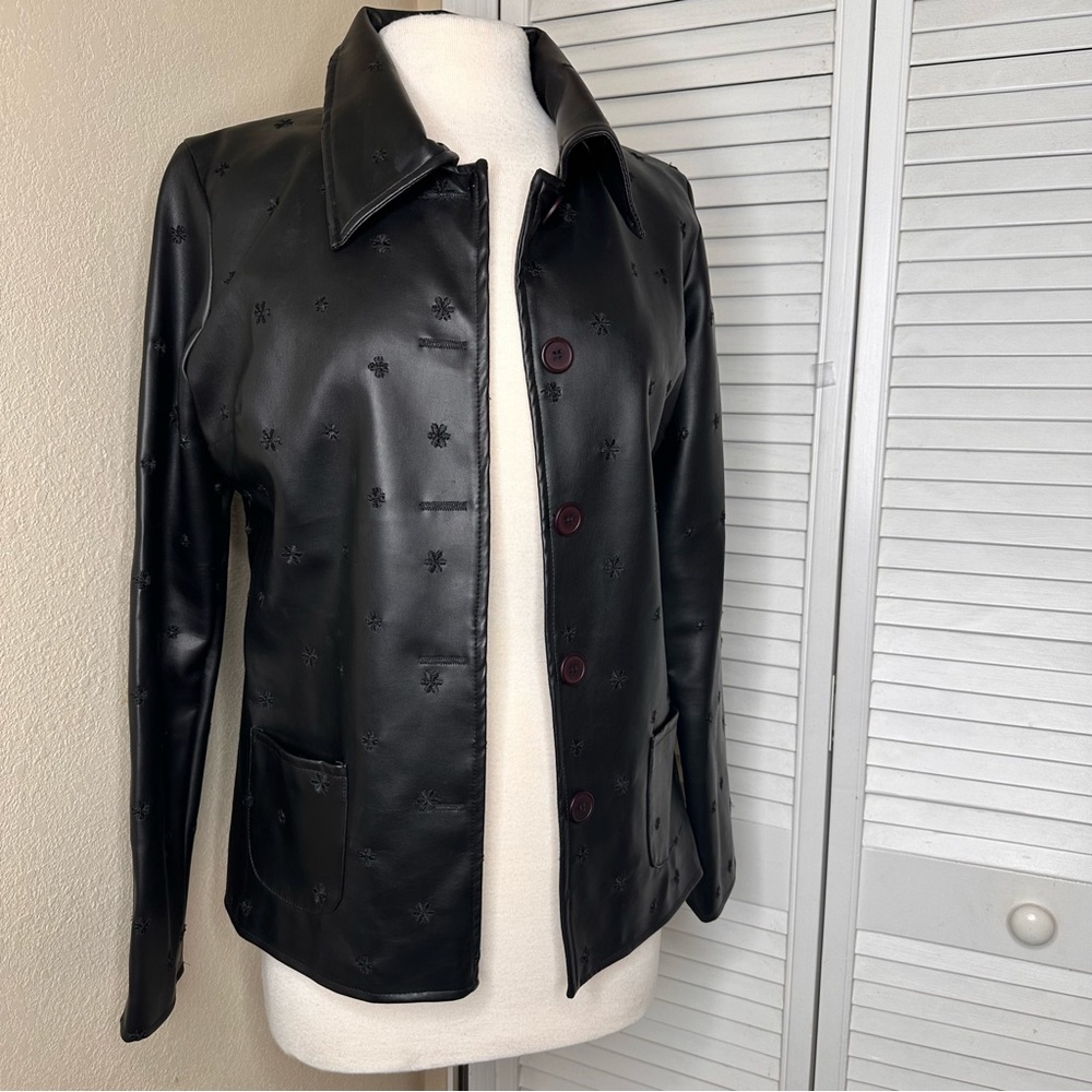 Faux Leather Necessary Objects Flower Accent Jacket